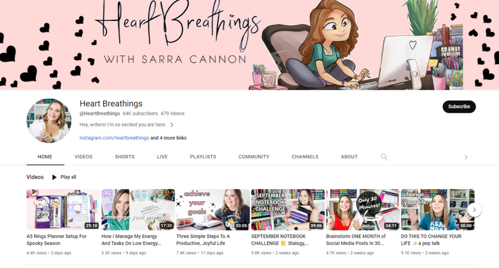 a screenshot of sarra's heart breathings youtube channel with a list of all her videos.